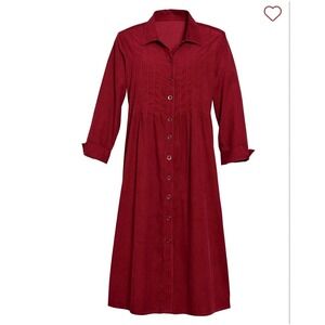 Vermont Country Store Womens 1X Burgundy Corduroy Pintuck Button Front Dress